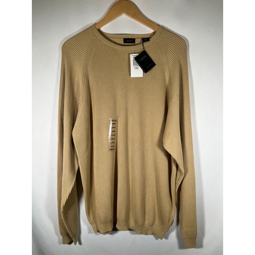 Izod Relaxed Knits Mens Tan Khaki Ribbed Crewneck Sweater Large NWT PC-772
